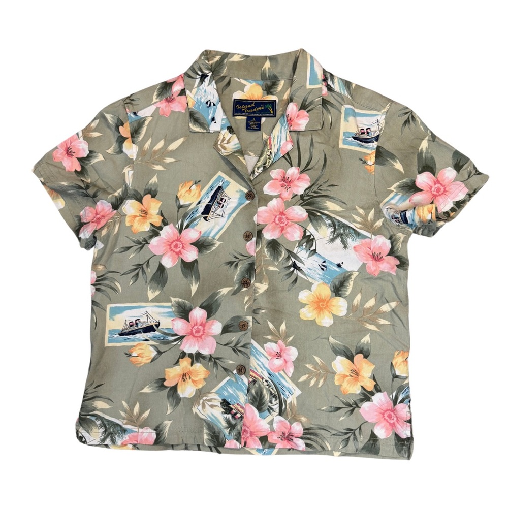 ISLAND TRADERS Hawaiian Shirt Green Pink Button Down Rayon Mens Size Medium
